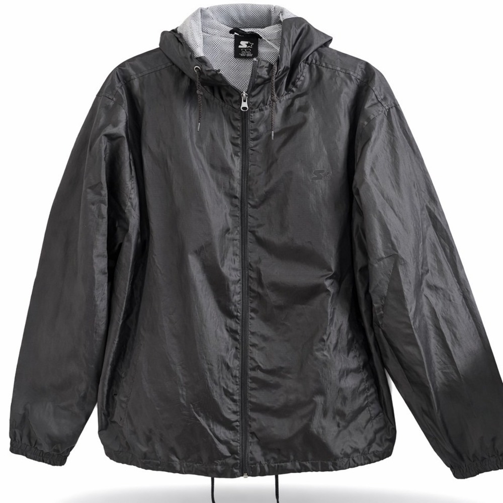 Starter Mens Black Hooded Windbreaker Jacket Full Zip Mesh Lined Large Retro 90s